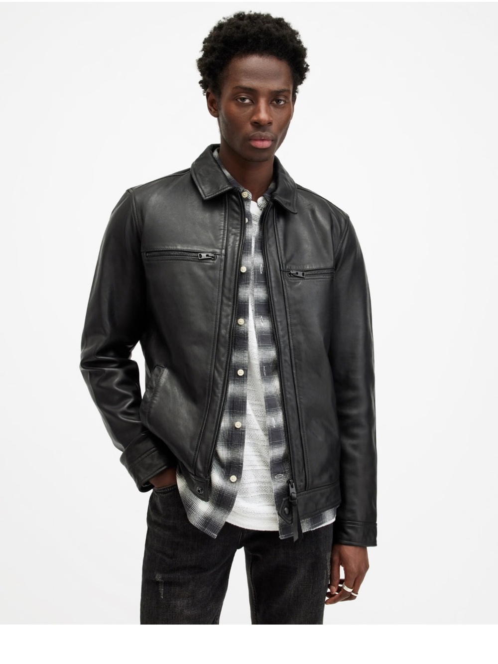 AllSaints Men's Black Leather Zip-Up Jacket